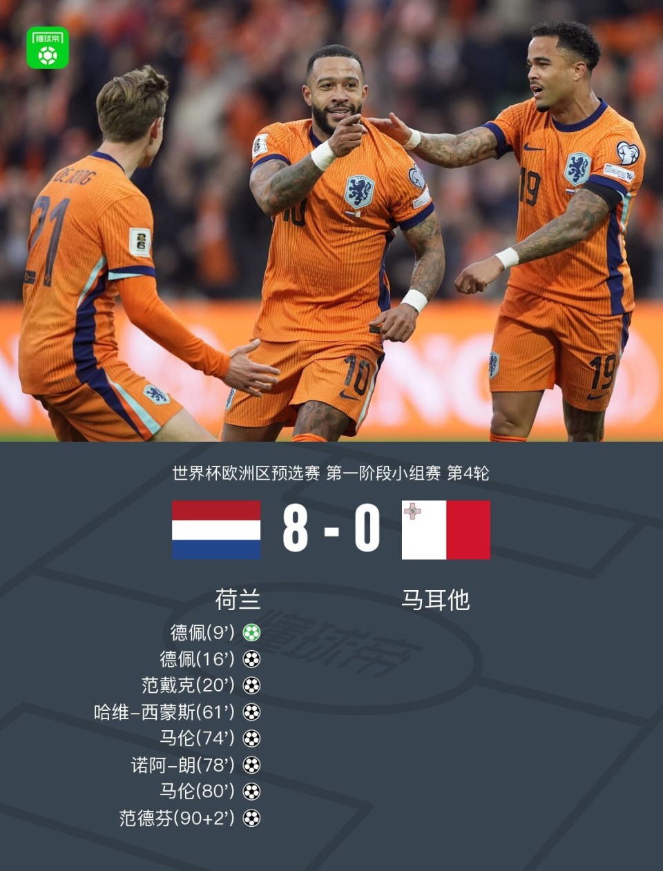 范戴克禁区外远射破门，荷兰3-0马耳他